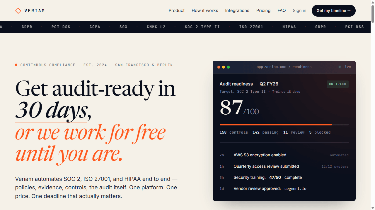 Veriam compliance SaaS website preview